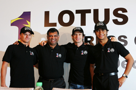Heikki Kovalainen, Jarno Trulli, Tony Fernandes and Fairuz Fauzy at the Lotus driver announcement