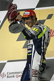 Valentino Ross celebrates on the podium in Qatar