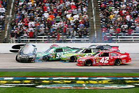 The late-race crash triggered by contact between Tony Stewart and Jeff Gordon, Texas, 2010