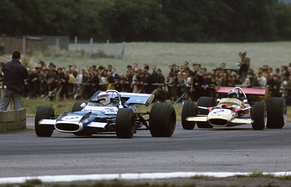 Jackie Stewart leads Jochen Rindt at Silverstone in 1969