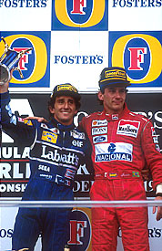 Ayrton Senna and Alain Prost on the podium together for the last time