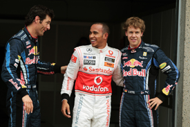 Mark Webber, Lewis Hamilton and Sebastian Vettel after Montreal qualifying