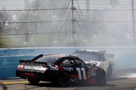 Jimmie Johnson and Denny Hamlin crash at the final turn, Watkins Glen, 2010