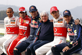 The five title contenders pose with Bernie Ecclestone