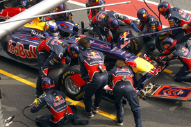 Sebastian Vettel, Red Bull, practices a pitstop in Catalunya testing
