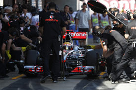 Lewis Hamilton pits in Spanish GP practice