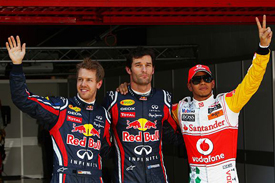 Sebastian Vettel, Mark Webber and Lewis Hamilton after Catalunya qualifying