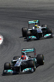 Michael Schumacher leads Nico Rosberg at Catalunya