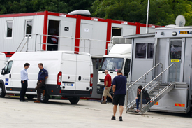 The BBC and Sky teams were parked together in the Hungary paddock