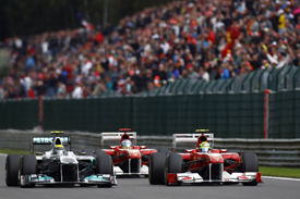 The Ferraris attack Nico Rosberg at Spa