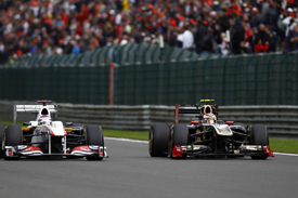 Kamui Kobayashi and Vitaly Petrov race with DRS at Spa