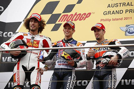 Simoncelli towers over Casey Stoner and Andrea Dovizioso on the Phillip Island podium