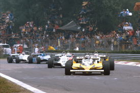 Alain Prost and Rene Arnoux's Renaults lead the field at Monza in 1981