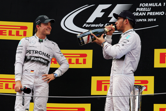 Nico Rosberg and Lewis Hamilton on the 2014 Spanish GP podium