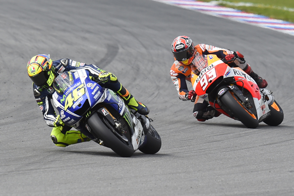 Valentino Rossi, Yamaha, leads Marc Marquez, Honda, Brno MotoGP 2014