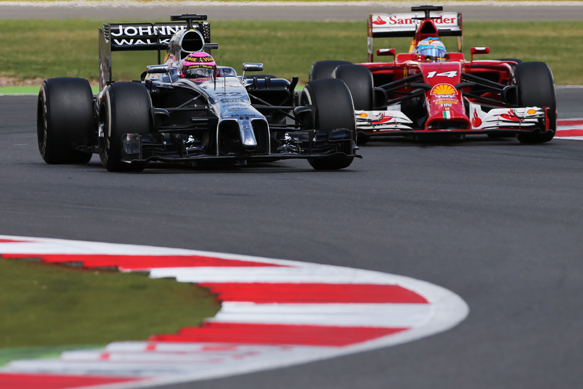 Jenson Button, McLaren, races with Fernando Alonso, Ferrari, British GP 2014, Silverstone