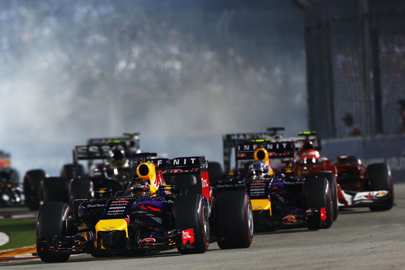 Sebastian Vettel leads Red Bull team-mate Daniel Ricciardo, Singapore GP 2014