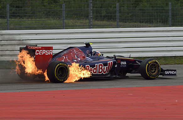 Daniil Kvyat's car catches fire, German GP 2014