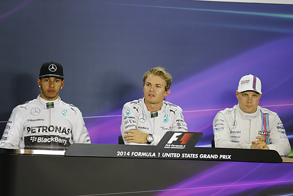 Nico Rosberg, Lewis Hamilton and Valtteri Bottas after 2014 US GP qualifying