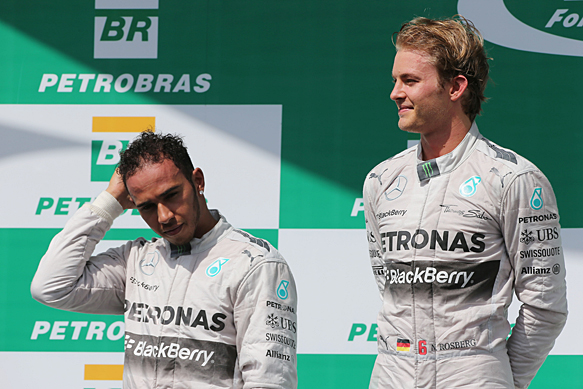 Nico Rosberg and Lewis Hamilton on the 2014 Brazilian GP podium