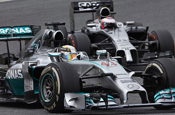 Lewis Hamilton leads Jenson Button, F1 2014