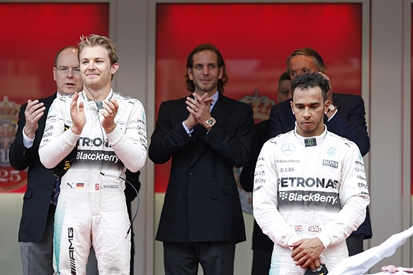 Nico Rosberg and Lewis Hamilton, Monaco GP podium 2015