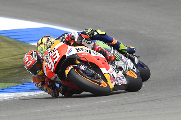 Marc Marquez, Honda, and Valentino Rossi, Yamaha, Assen MotoGP 2015